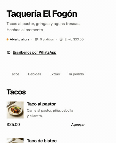 Flujo para agregar un taco, elegir opciones y armar el pedido