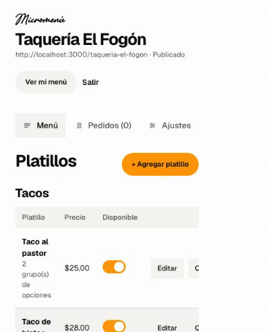 Panel para activar y desactivar la disponibilidad de un platillo